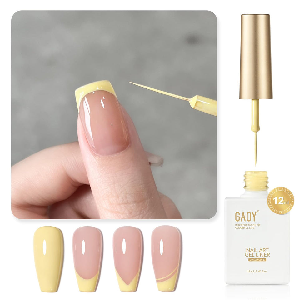 GAOY front packaging bottle showing pastel yellow gel liner and label benefits