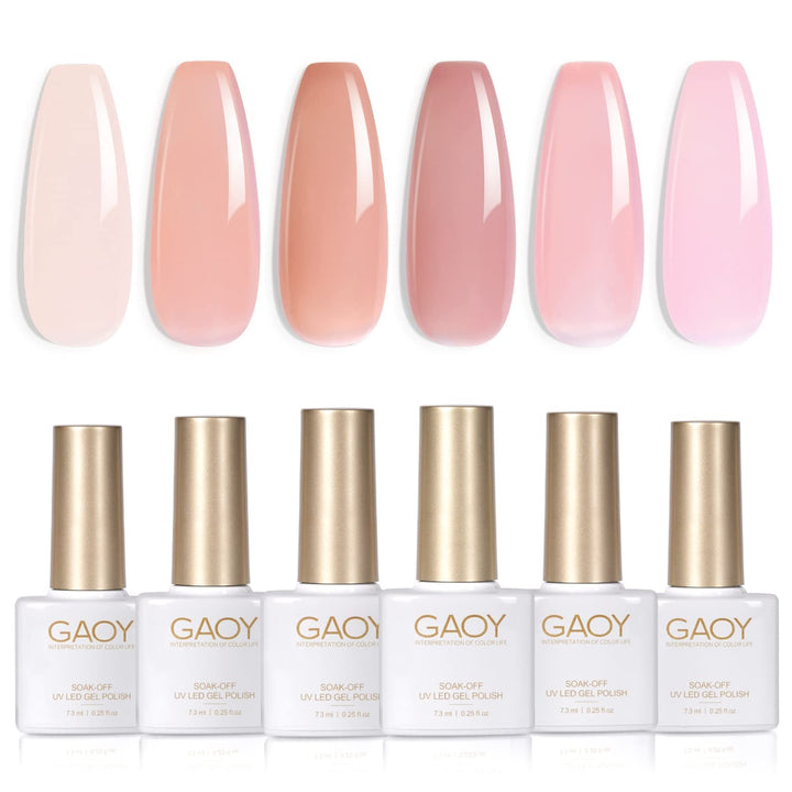 GAOY front packaging showing six sheer pink gel bottles, perfect for layered looks