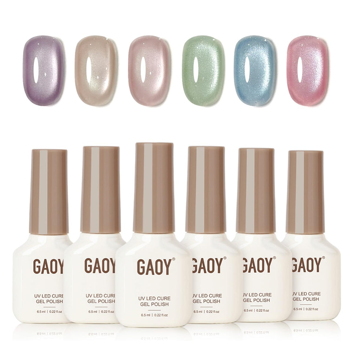GAOY front packaging showing six icy holographic gel bottles and included magnet, perfect for summer looks