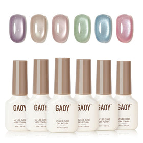 GAOY front packaging showing six icy holographic gel bottles and included magnet, perfect for summer looks