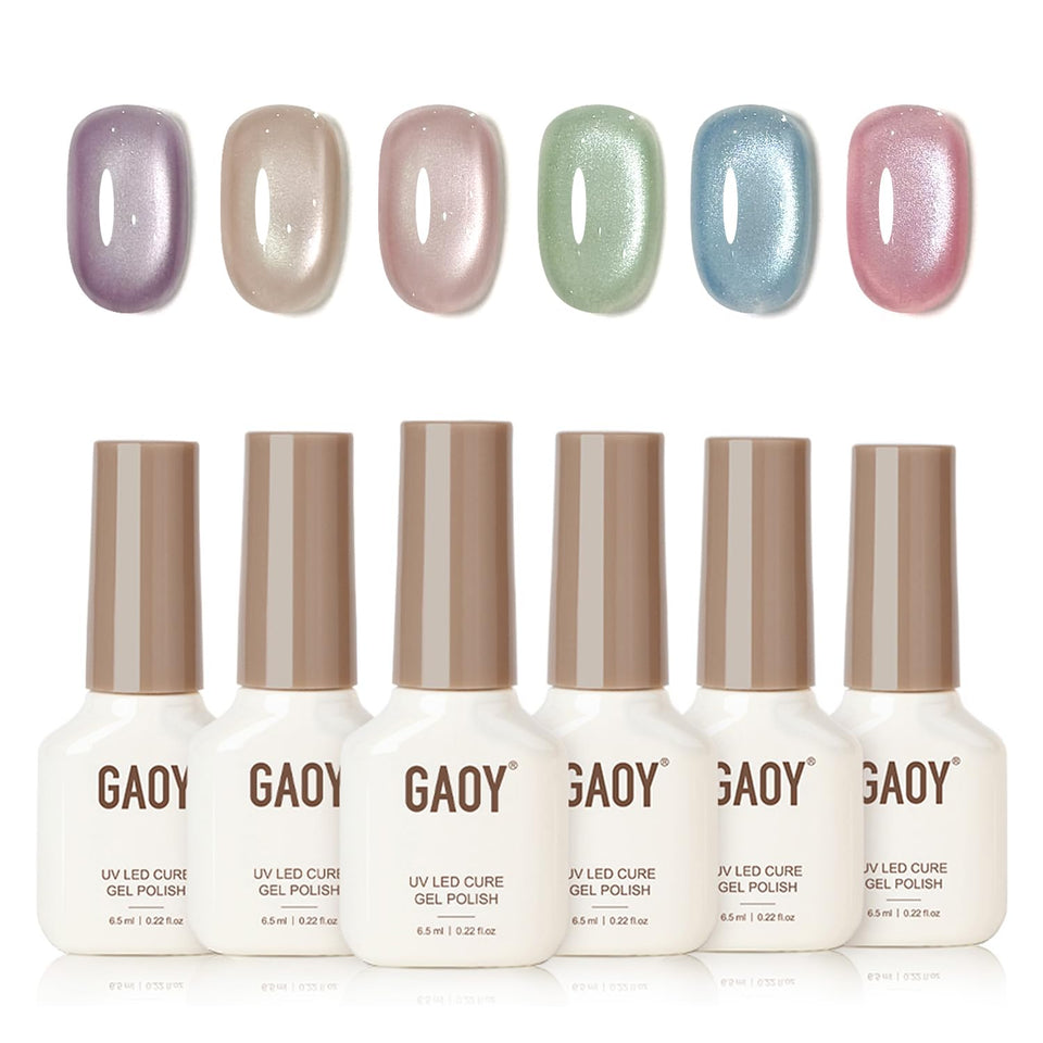 GAOY front packaging showing six icy holographic gel bottles and included magnet, perfect for summer looks