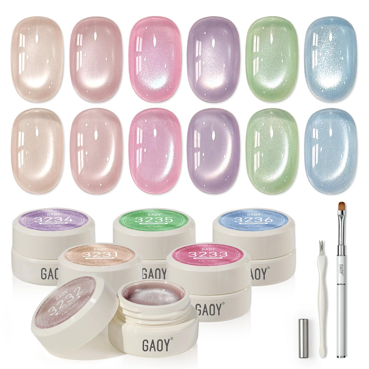 GAOY front packaging showing six mermaid prism gel pots and included magnet benefits quick setup