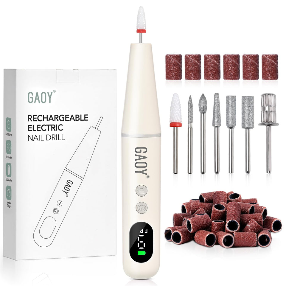 GAOY front view of cordless nail drill showing sleek milky white design and ergonomic grip benefit