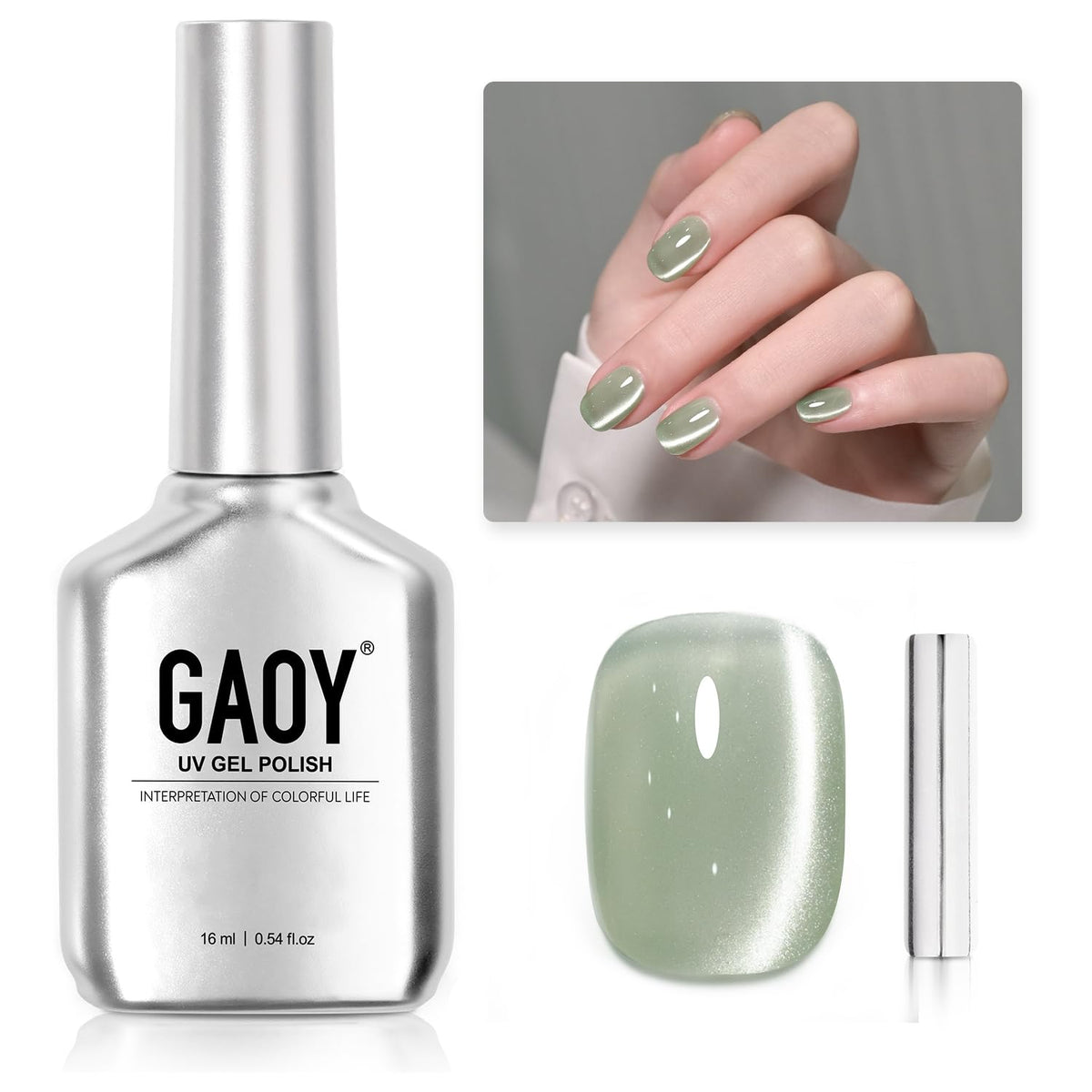 GAOY bottle front view showing Green Jade color and label, clear benefit of shade identification
