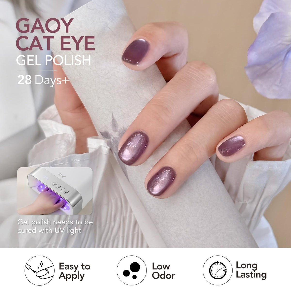 GAOY in use manicure on hands creating curved cat-eye highlights for creative nail art