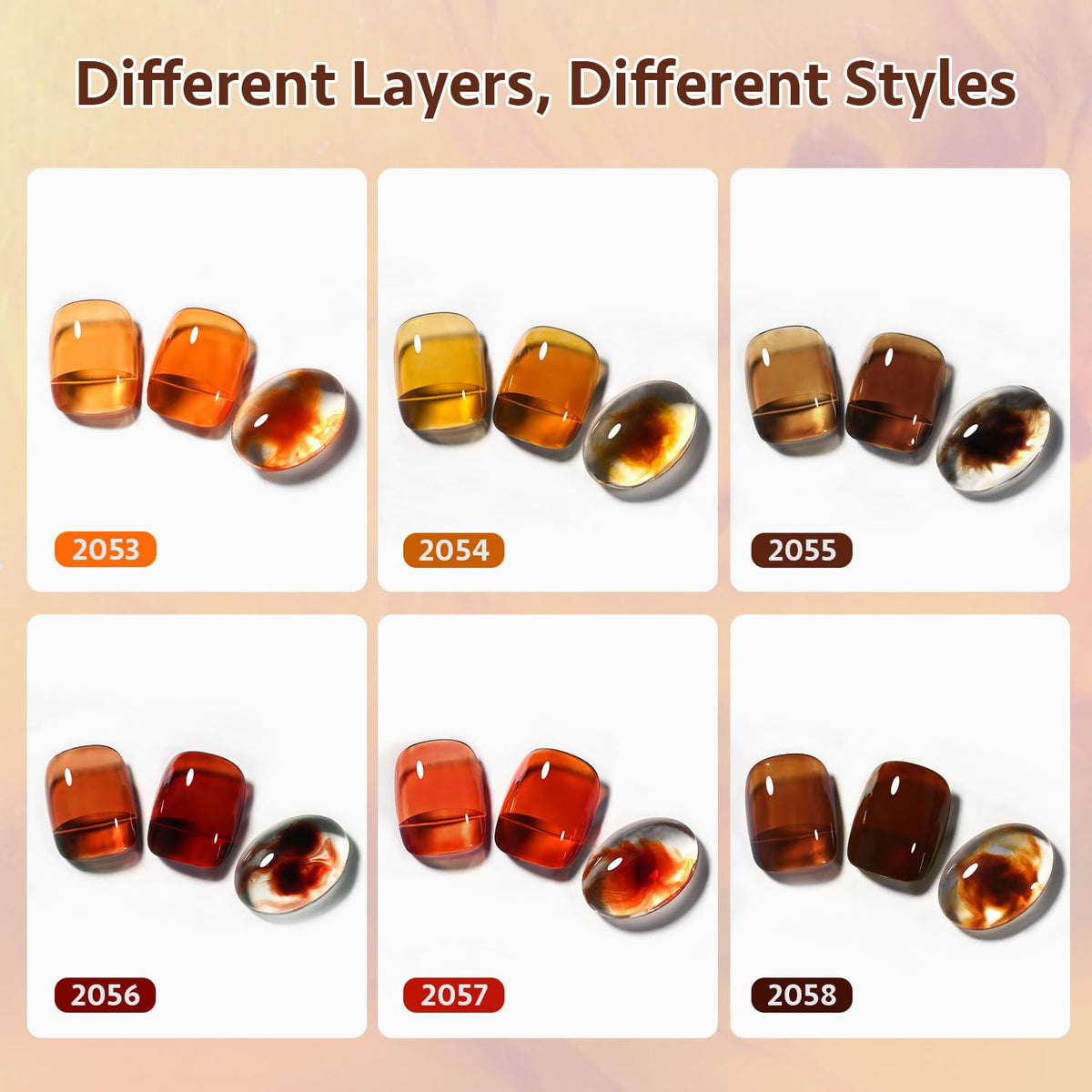 GAOY color swatch spread showing six translucent shades for mixing and layering