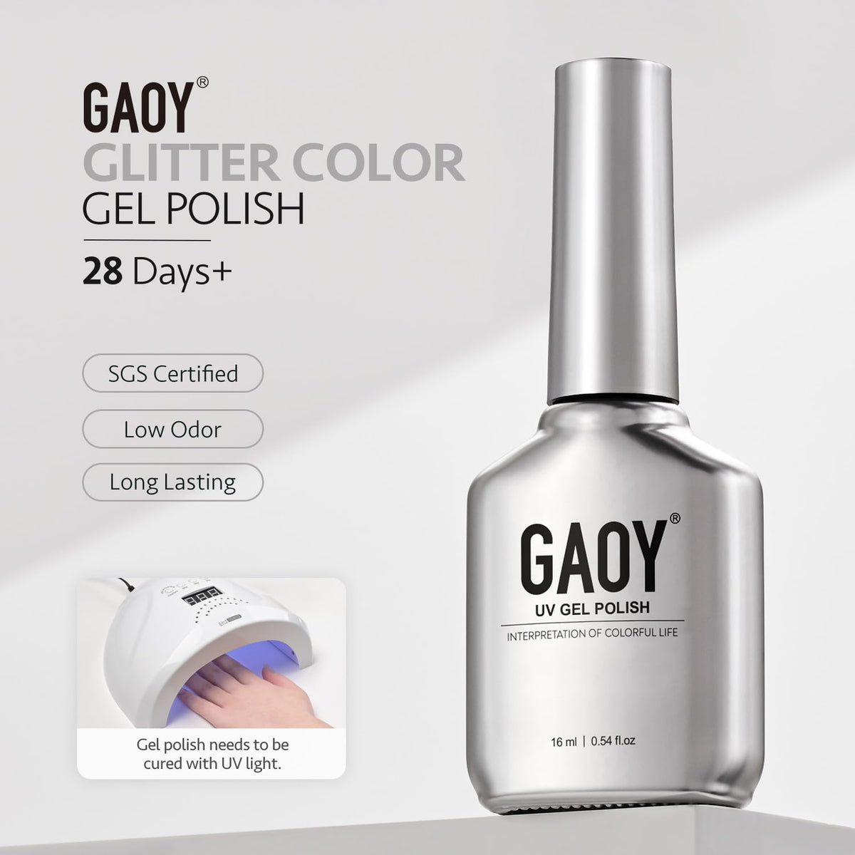 GAOY on a styled hand in a lifestyle shot highlighting long-lasting glam