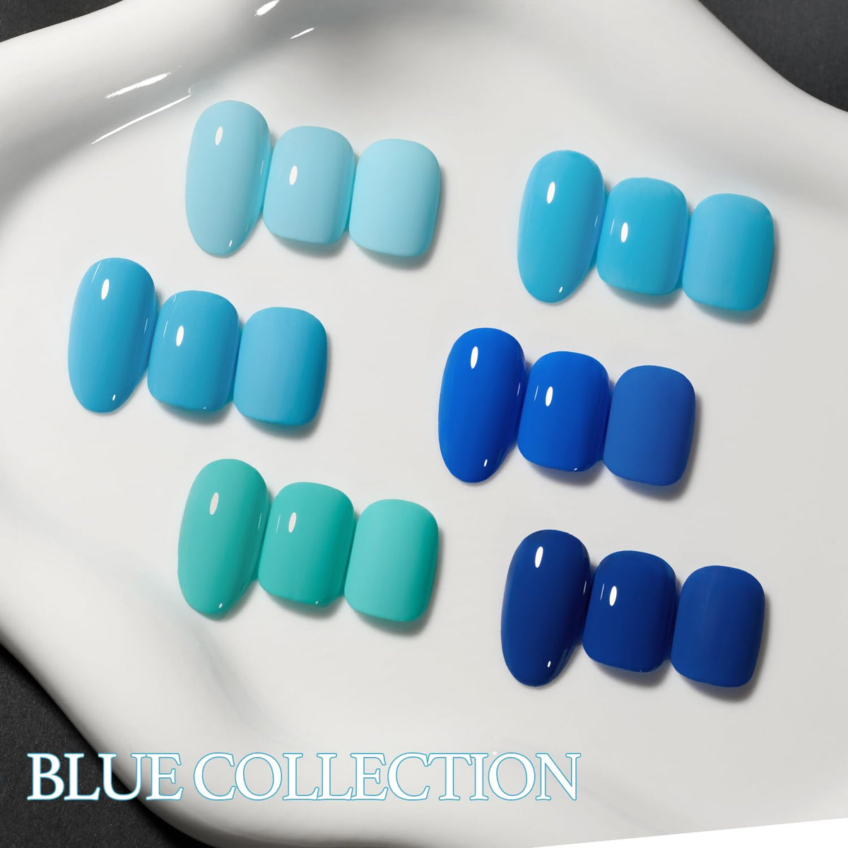 GAOY soft blue finished manicure on hands illustrating elegant, long-lasting wear