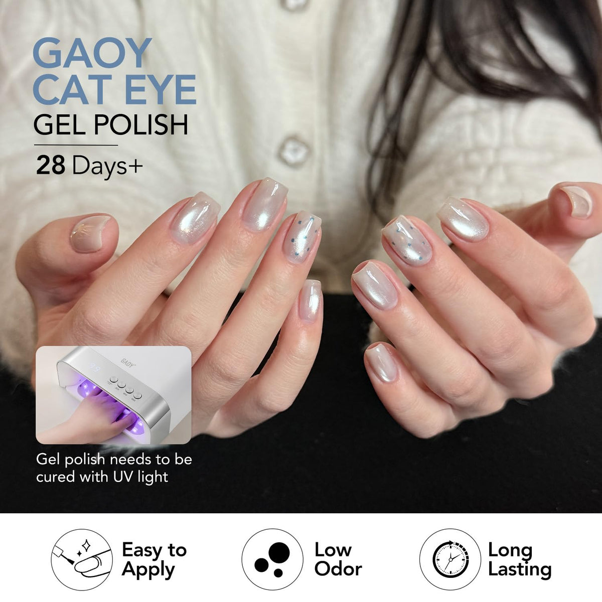 GAOY finished summer manicure on model hand showcasing sea-splash holographic effect and style