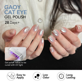 GAOY finished summer manicure on model hand showcasing sea-splash holographic effect and style
