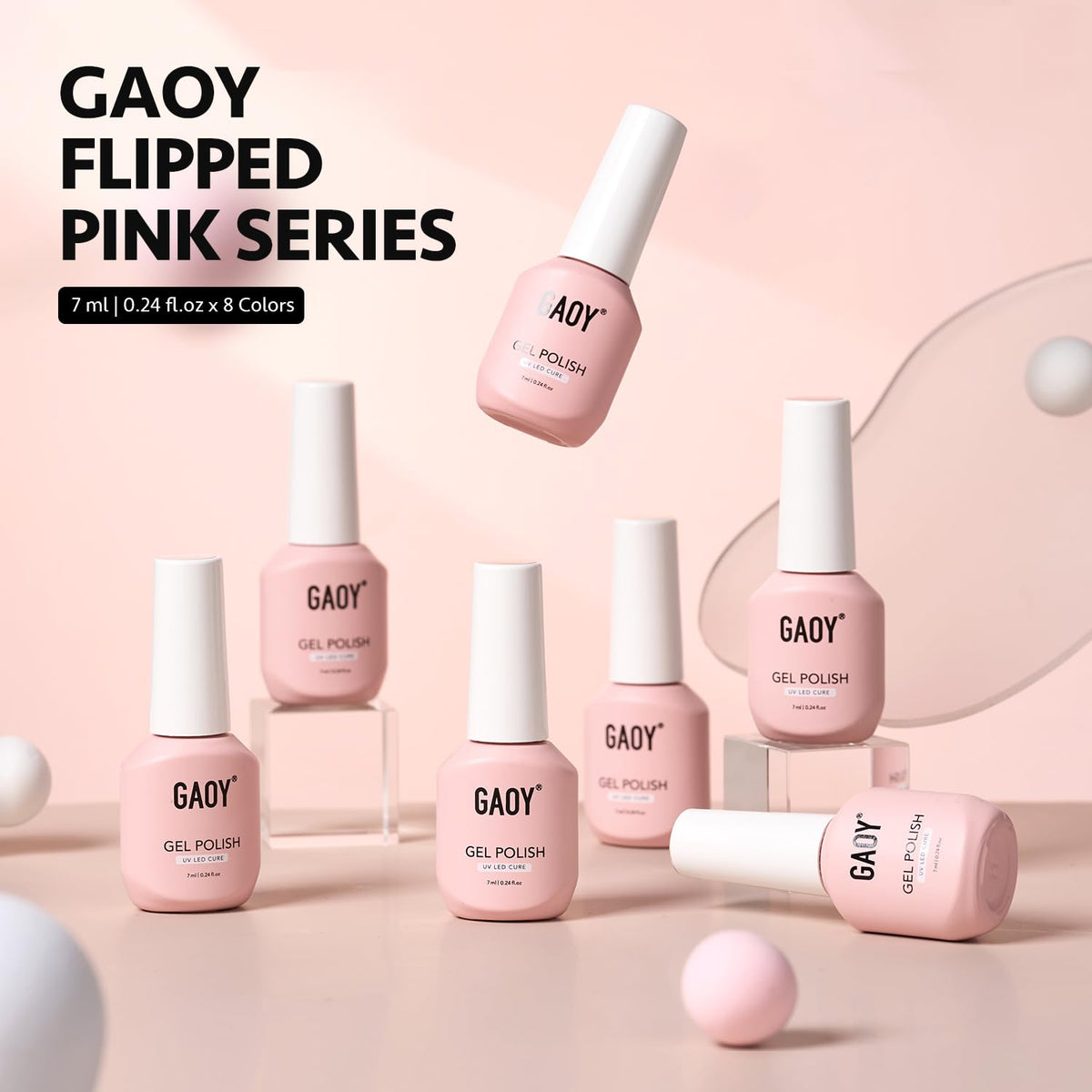 GAOY bottles arranged on manicure table in use scene showing salon-quality results benefit