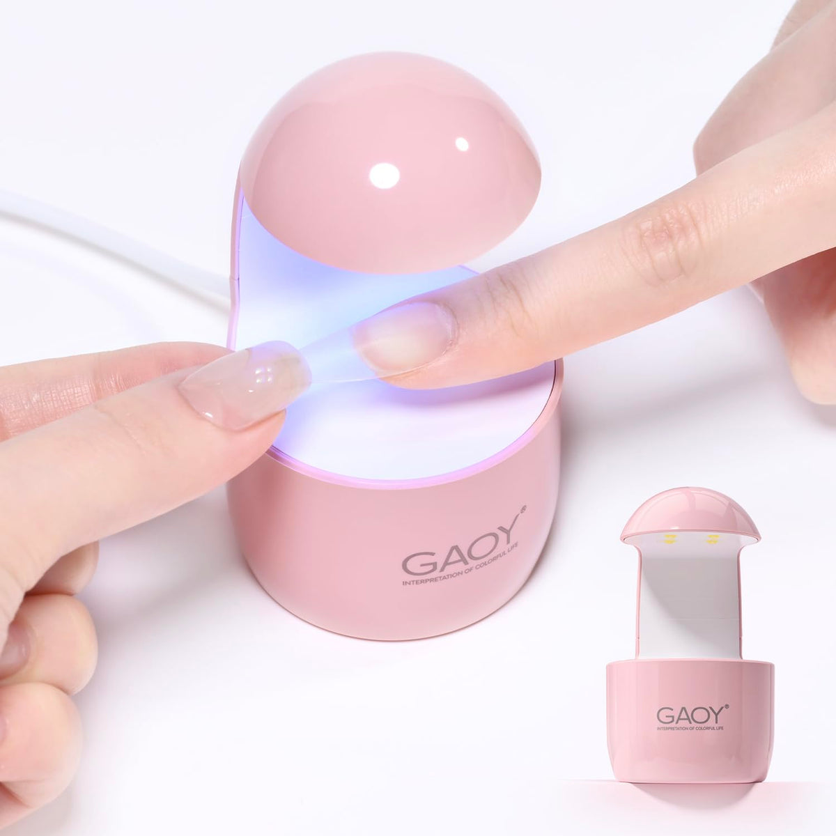 GAOY mini UV light front view showing compact pink lamp and power button benefit quick setup