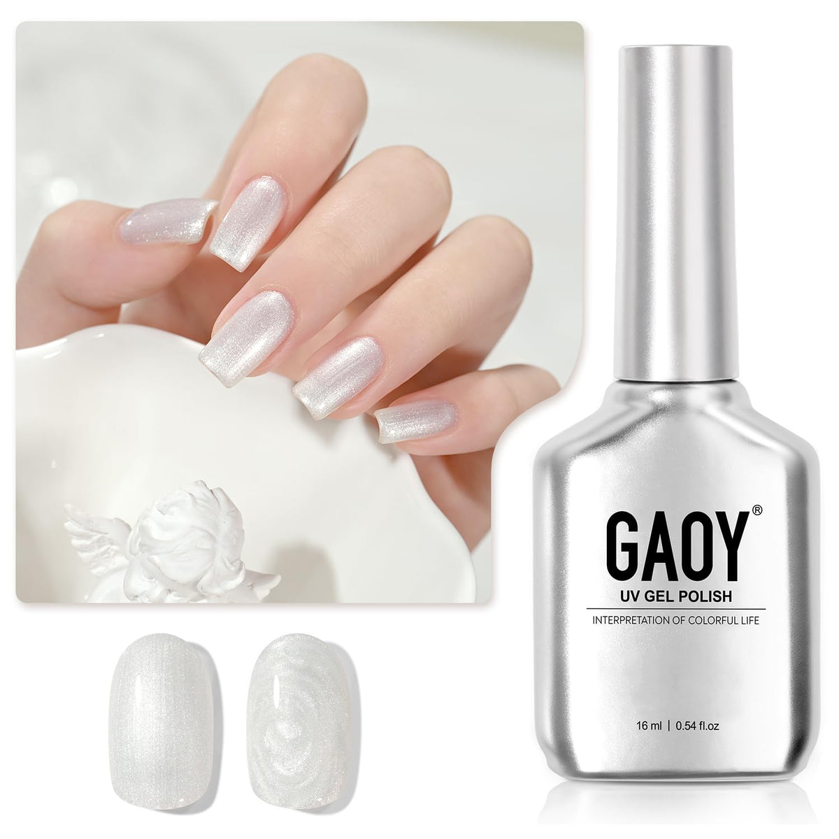 GAOY bottle front label showing shimmer white pearl gel and brand
