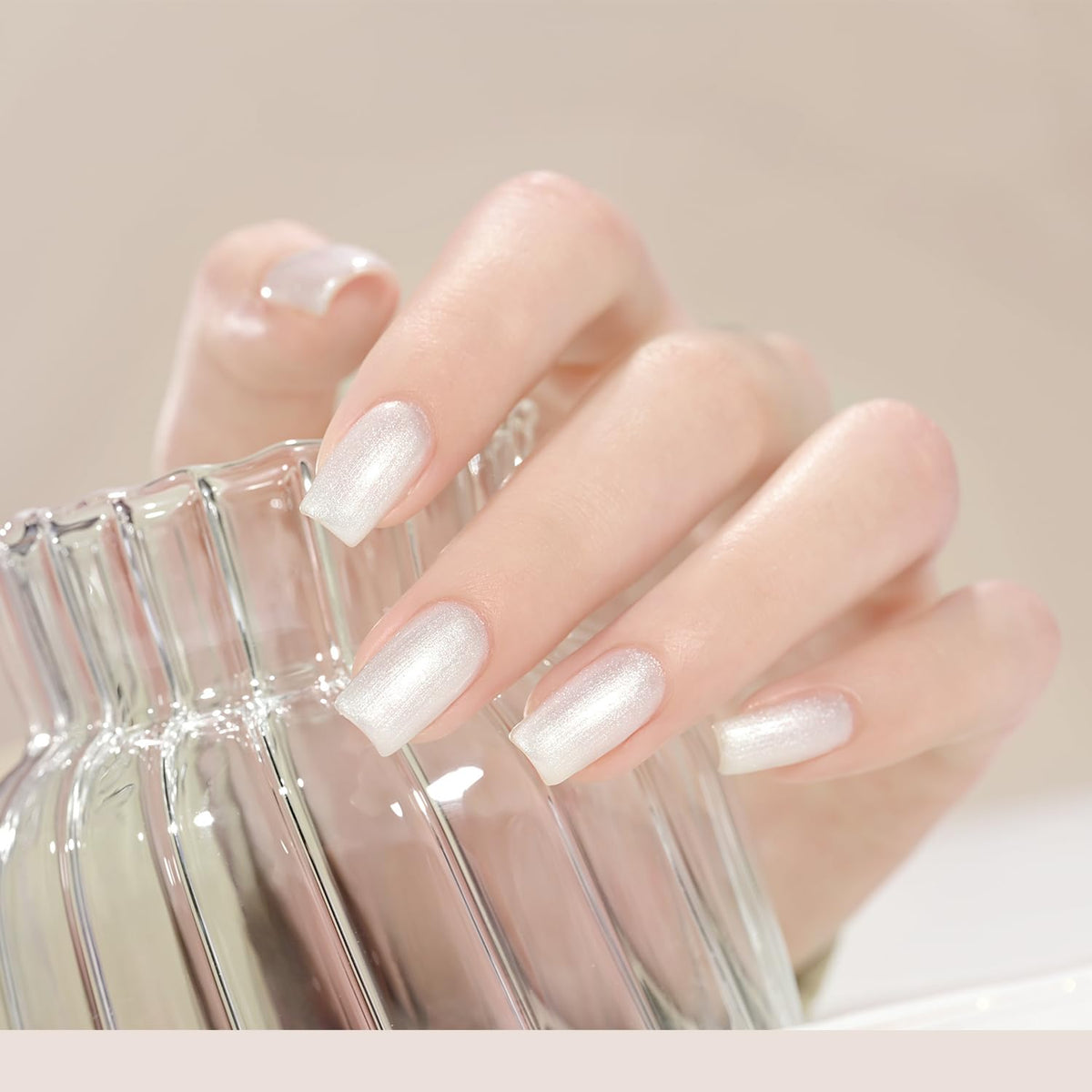 GAOY nail swatch on hand showing durable shimmer finish and glossy look