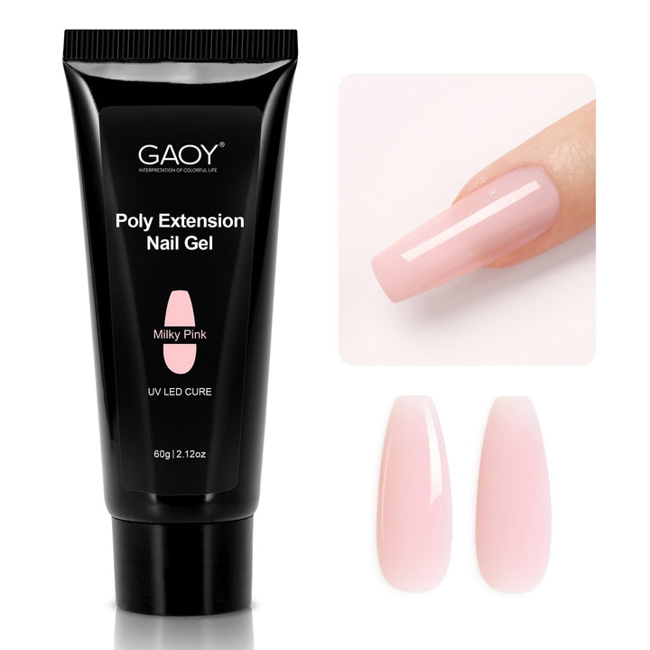 GAOY poly gel jar front view showing milky pink color and 60g volume benefit