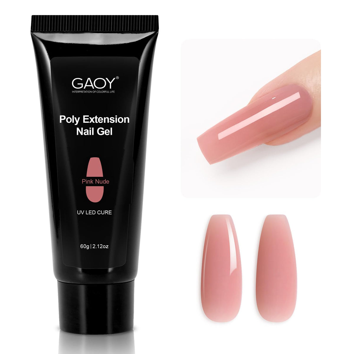 GAOY poly gel jar front showing pink-nude shade and volume benefit