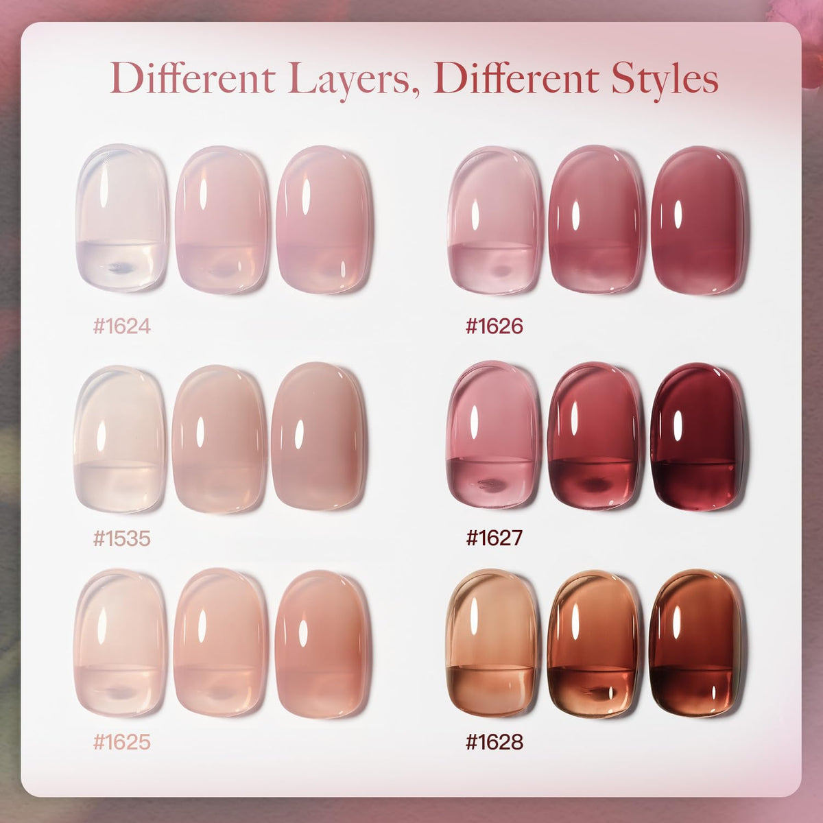 GAOY six gel polish bottles lined up illustrating color range and buildability