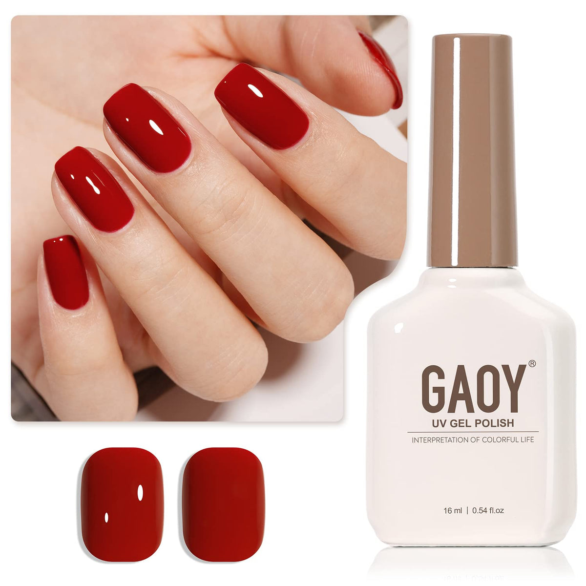GAOY front bottle ruby red polish showing vivid color and generous 16ml volume