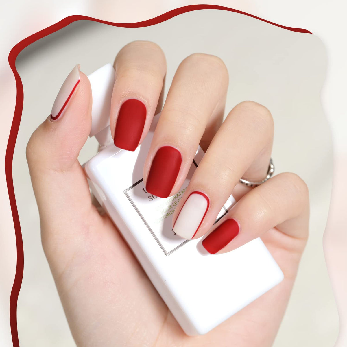 GAOY nail swatch on hand displaying intense ruby red color and glossy shine