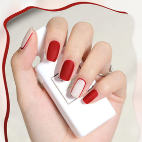 GAOY nail swatch on hand displaying intense ruby red color and glossy shine