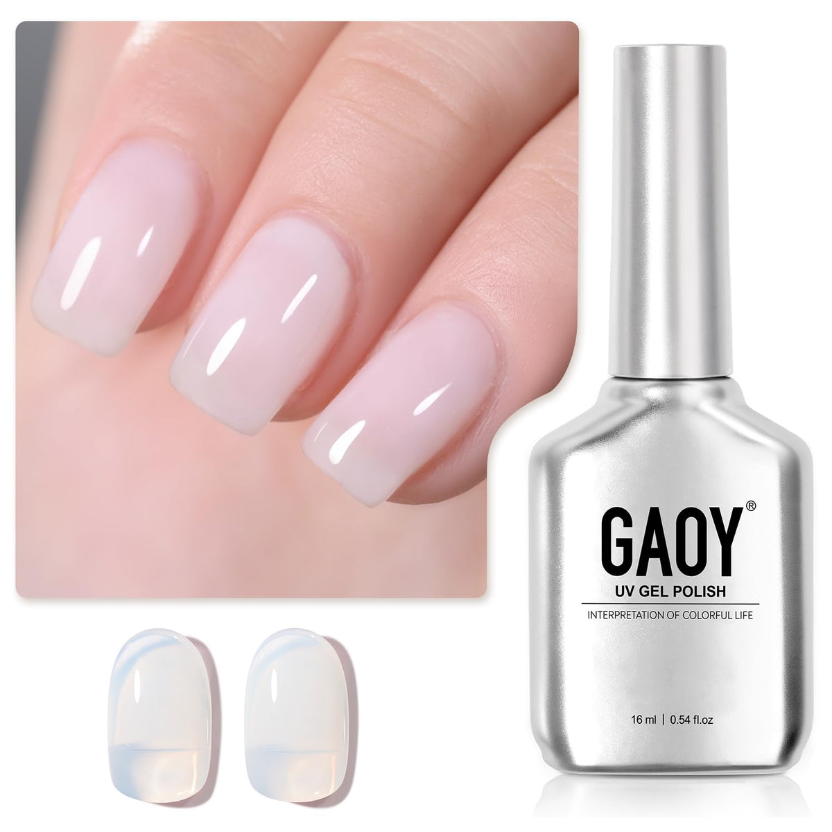 GAOY front bottle view showing sheer white gel and clear labeling, showcases product appeal