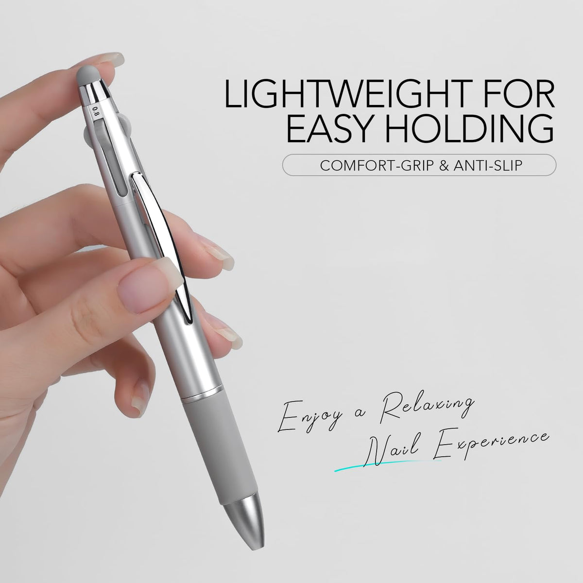 GAOY silver pen on manicure workstation demonstrating professional-ready convenience