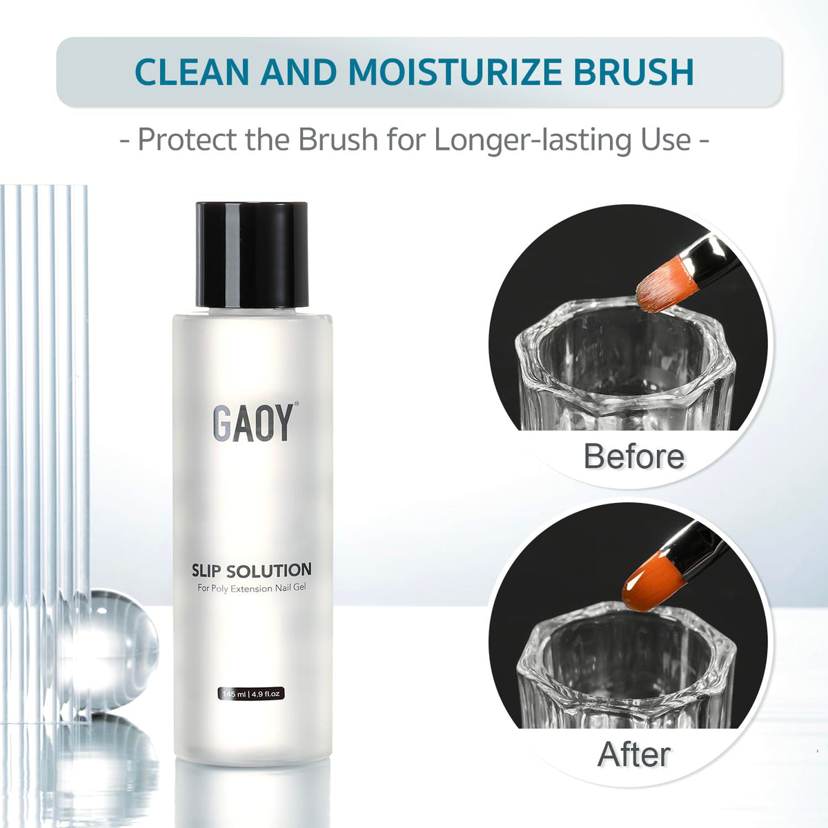 GAOY slip solution pouring from bottle to brush illustrating controlled glide benefit