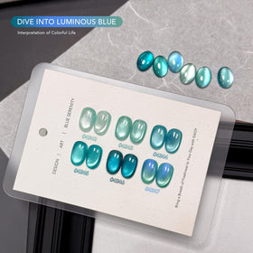 GAOY nail swatch fan showing six holographic blue shades for color planning