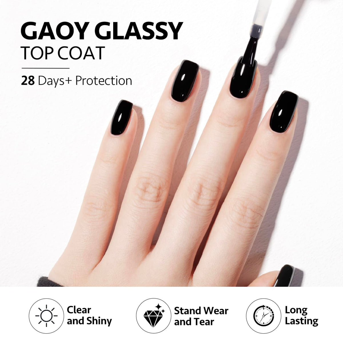 GAOY glossy top coat texture swatch showing glass-like high shine