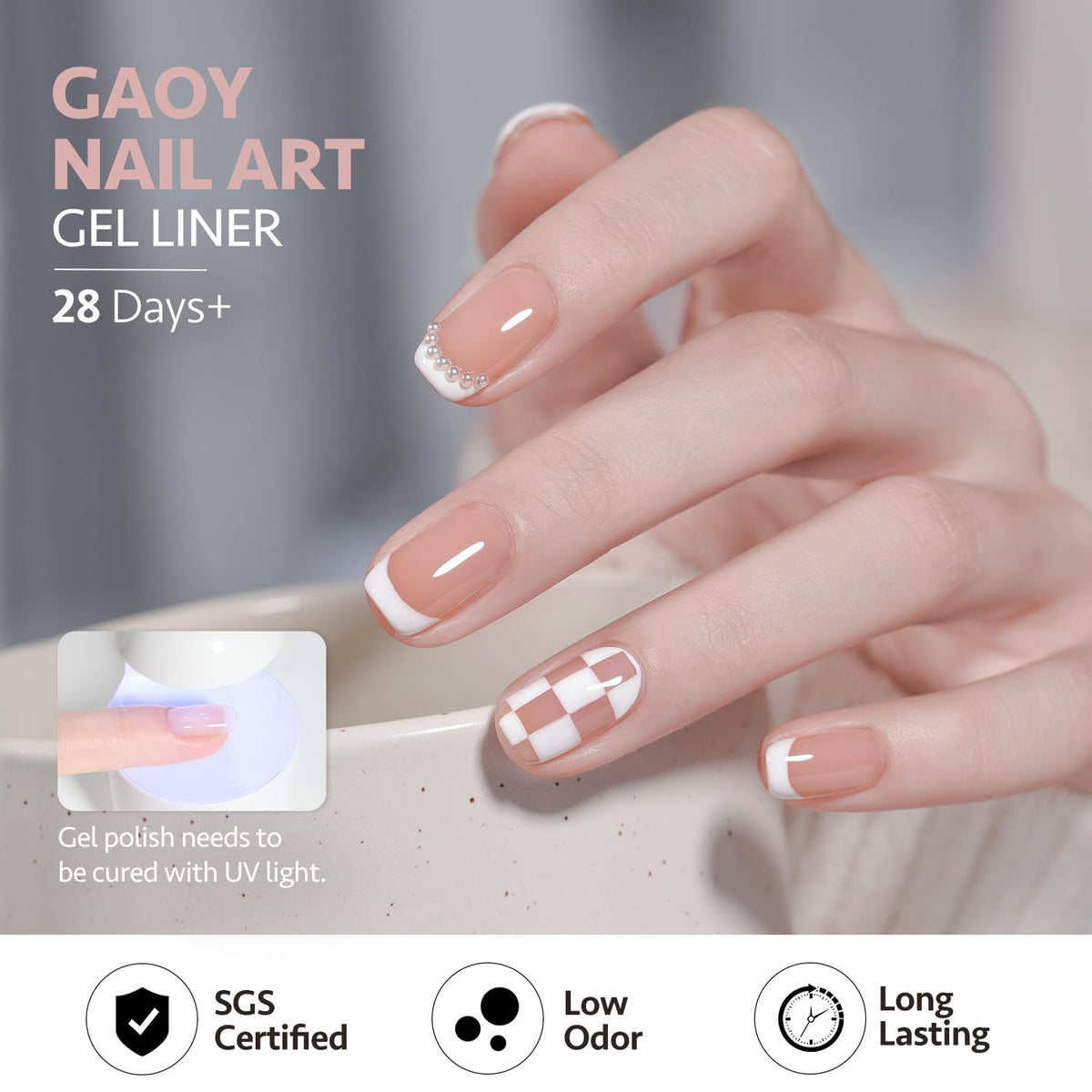 GAOY white gel stroke on nail illustrating smooth coverage and crisp contrast