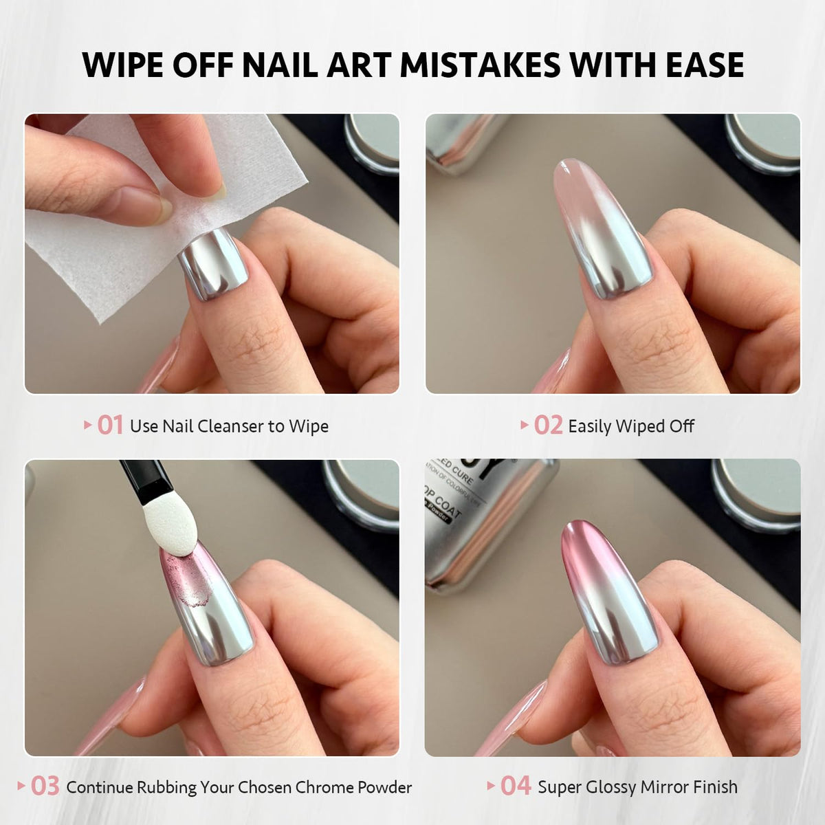 GAOY top coat being applied to nail illustrating easy chrome powder adhesion benefit
