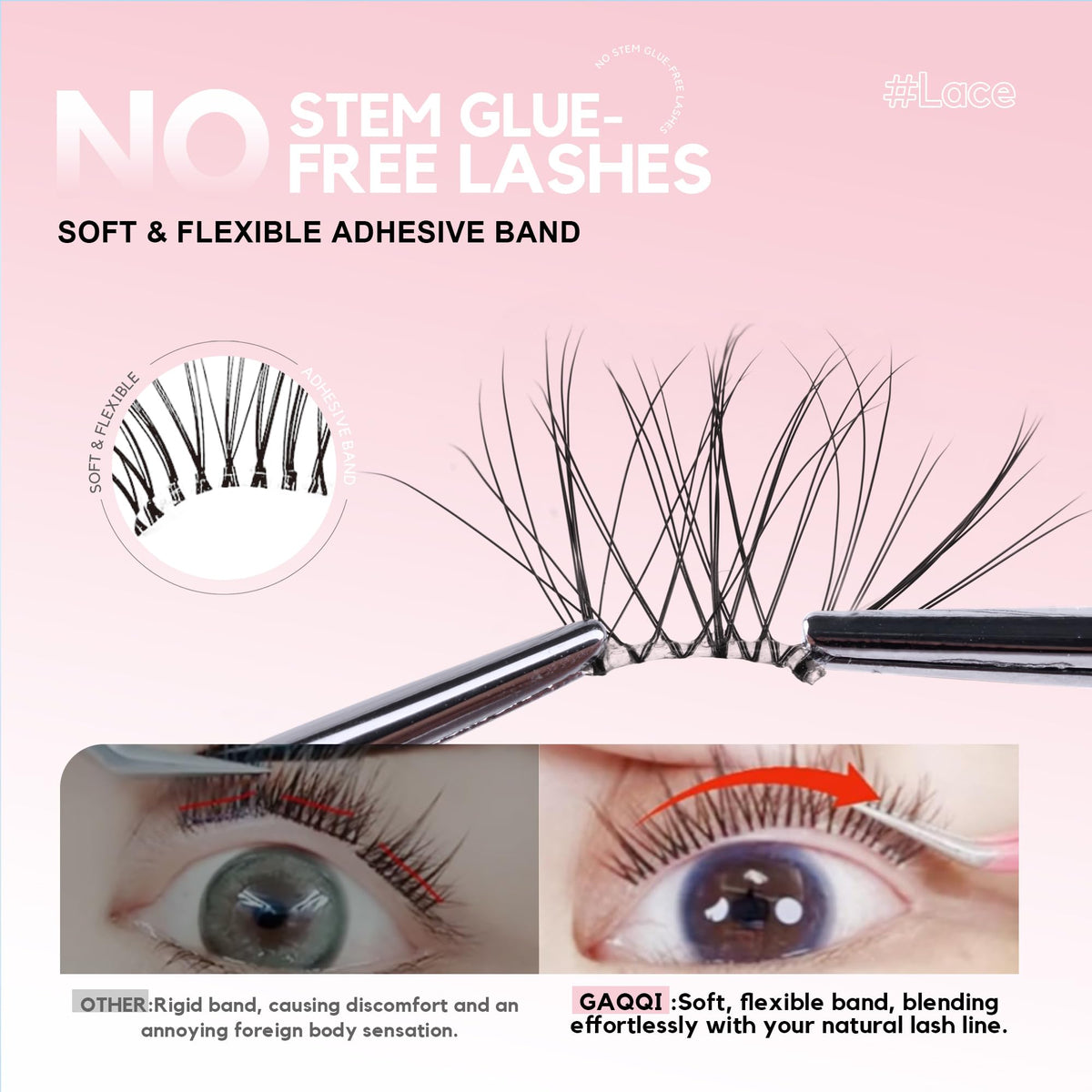 GAQQI close-up of lash cluster fiber texture, delicate wispy finish benefit