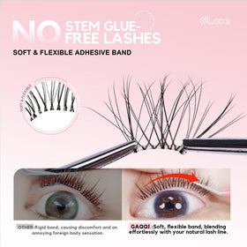 GAQQI close-up of lash cluster fiber texture, delicate wispy finish benefit