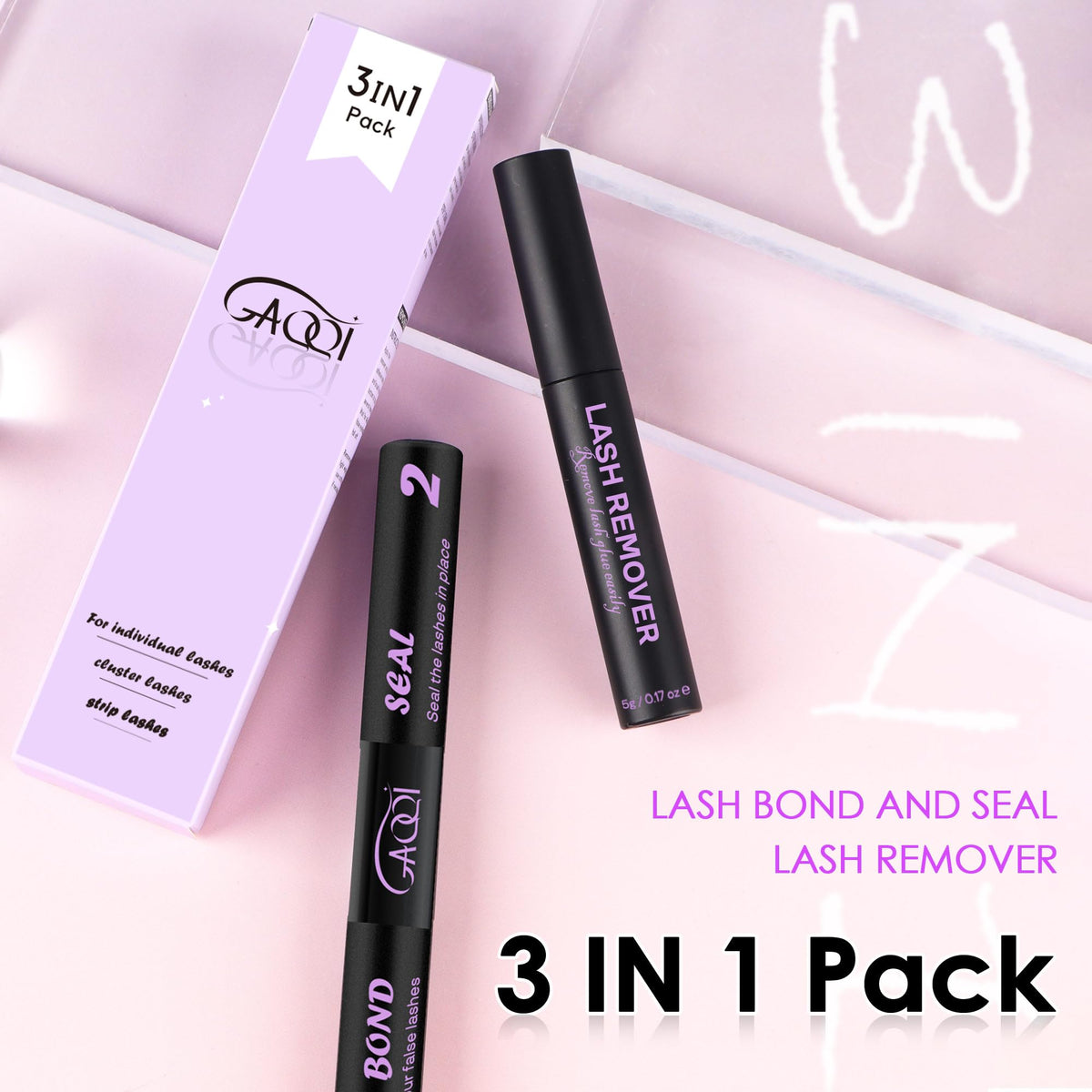 GAQQI kit contents flatlay showing bond, seal and remover benefits
