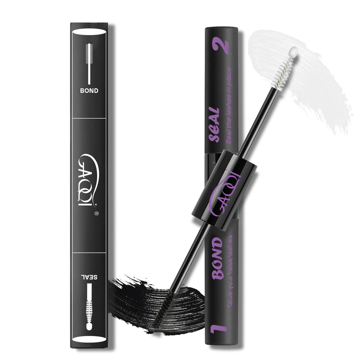GAQQI front packaging showing compact dual-ended lash glue and benefits