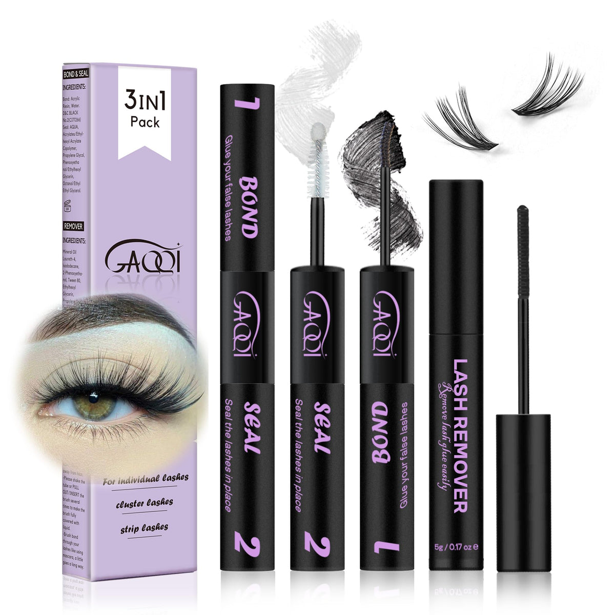 GAQQI front packaging showing the 2-piece lash kit and durable hold