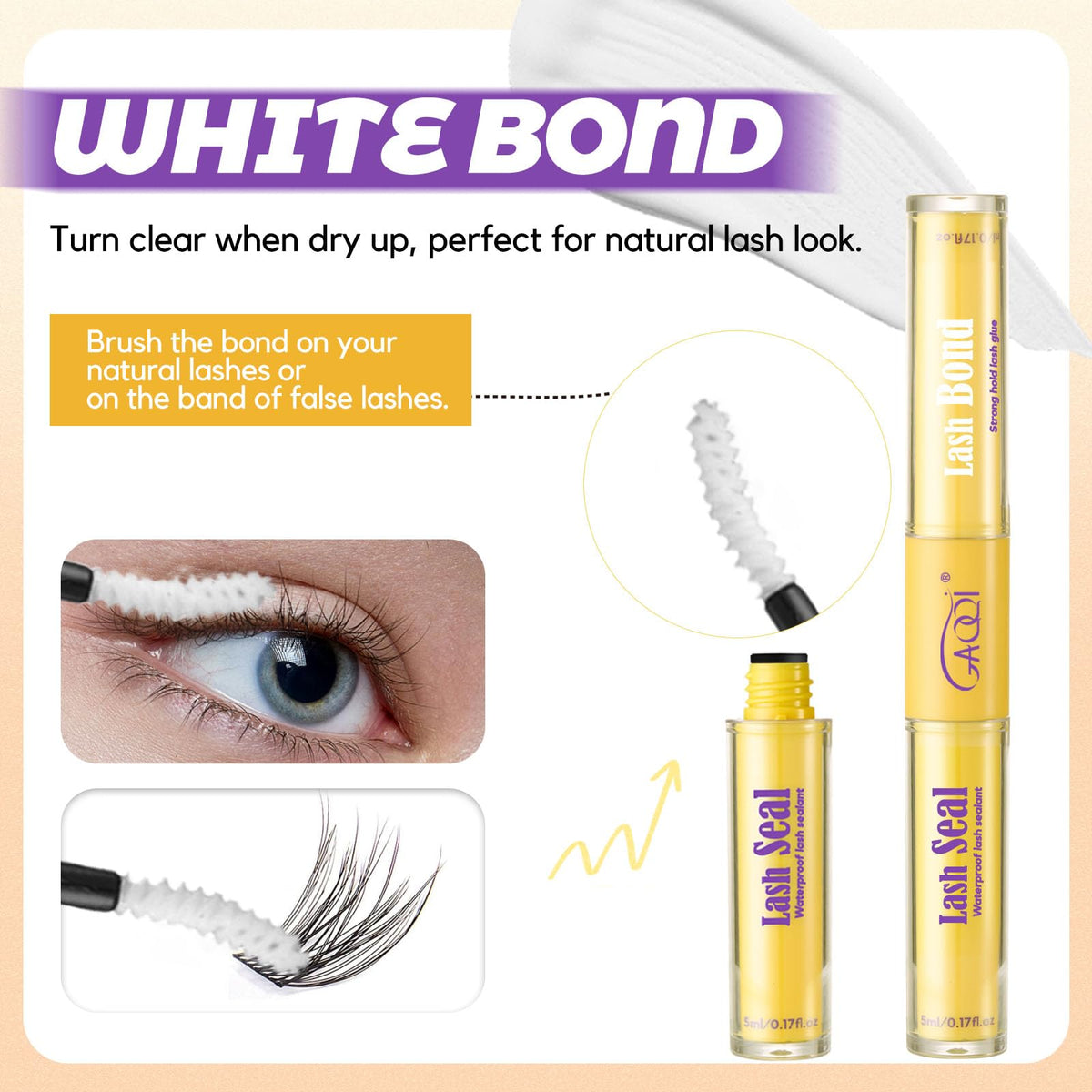 GAQQI white bond on lash cluster illustrating visible placement benefit