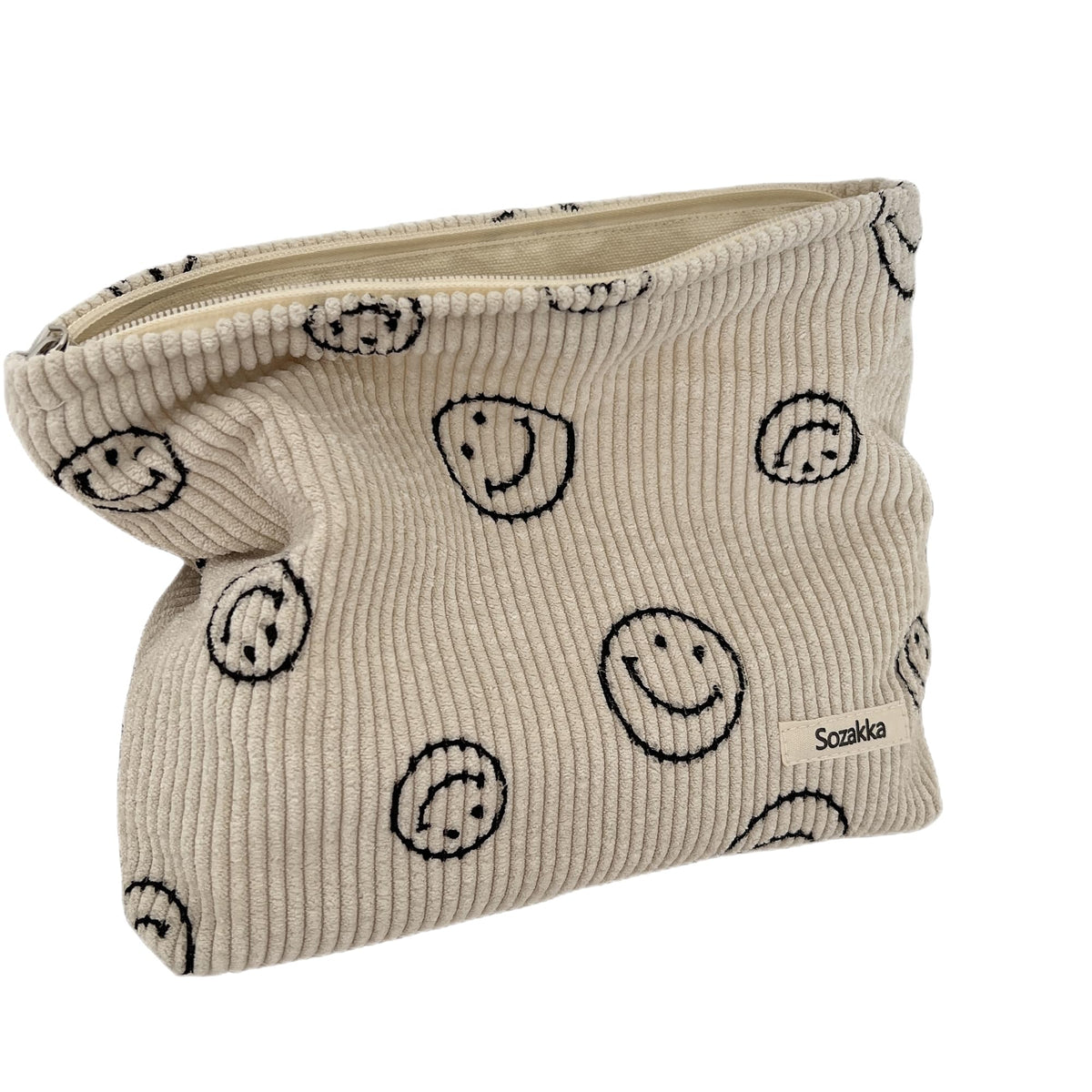 Gardsell front view beige corduroy pouch shows smile-dot design and stylish storage