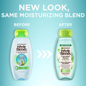 Close-up of coconut water droplets with Garnier brand, evokes lightweight moisture benefits