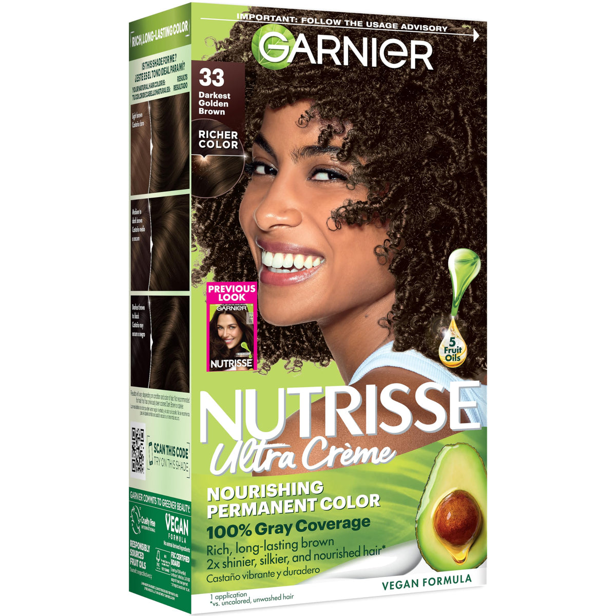 Garnier Nutrisse front packaging shows shade and benefits, easy at‑home color