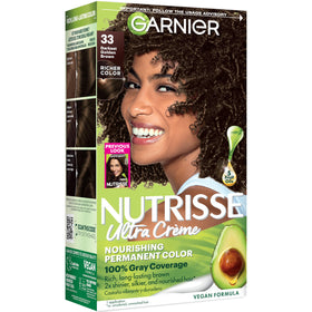 Garnier Nutrisse front packaging shows shade and benefits, easy at‑home color