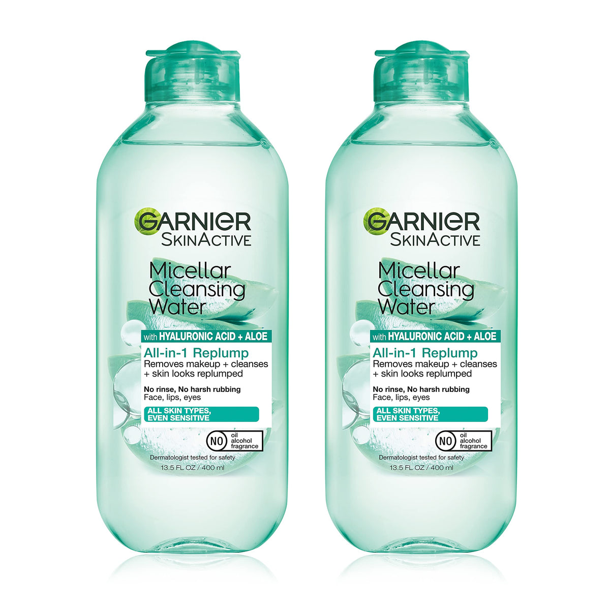 Garnier front packaging showing two 400mL bottles and product benefit