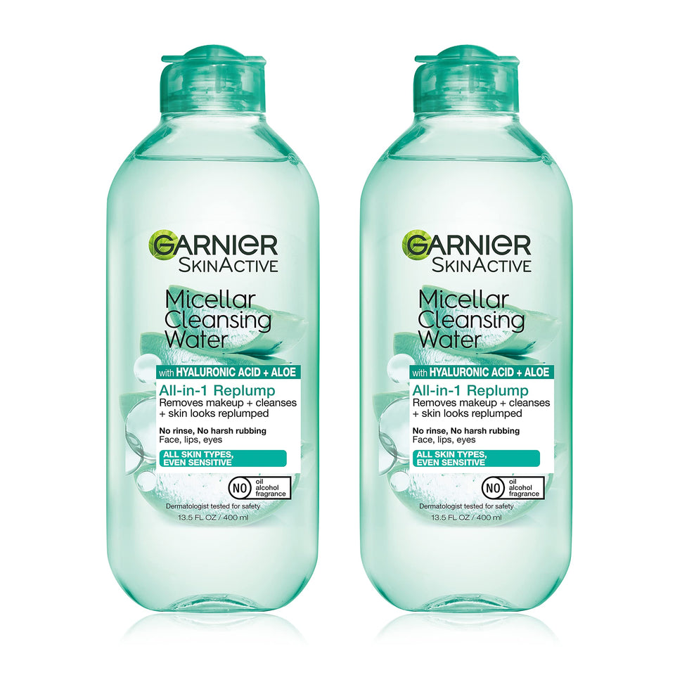 Garnier front packaging showing two 400mL bottles and product benefit