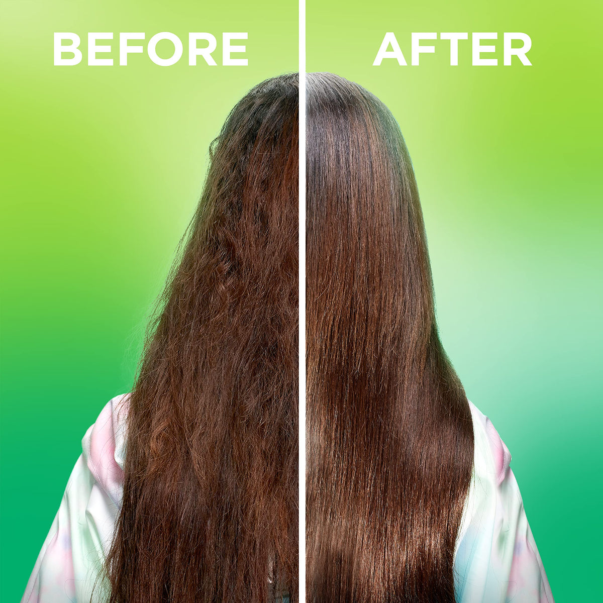 Garnier Fructis before and after image showing reduced frizz and increased shine after use