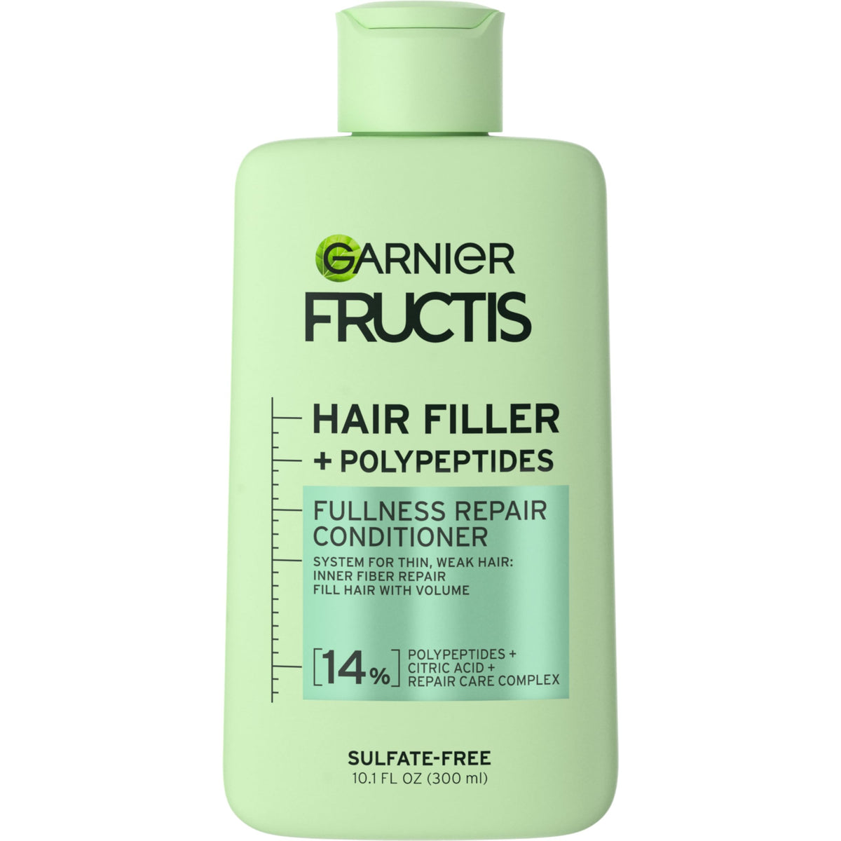Garnier Fructis front packaging showing volume benefits and recycled bottle