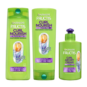 Garnier Fructis front packaging showing three-piece curl set and benefits