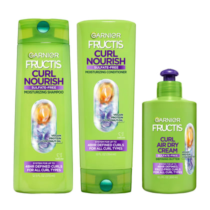 Garnier Fructis front packaging showing three-piece curl set and benefits