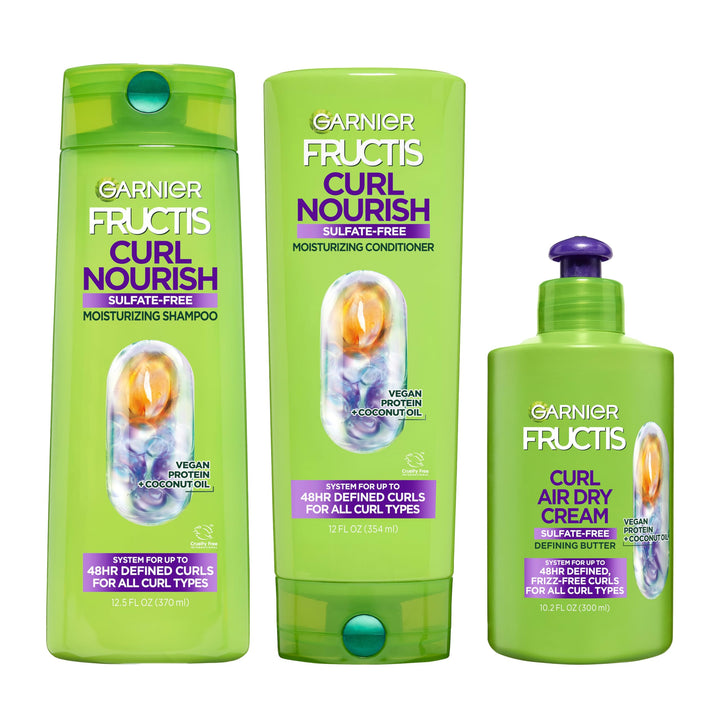 Garnier Fructis front packaging showing three-piece curl set and benefits