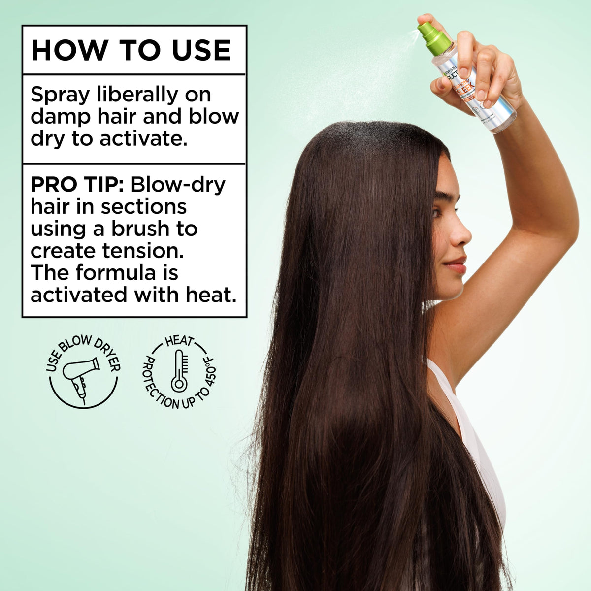 Garnier Fructis fine mist spritz closeup demonstrating even application and lightweight texture