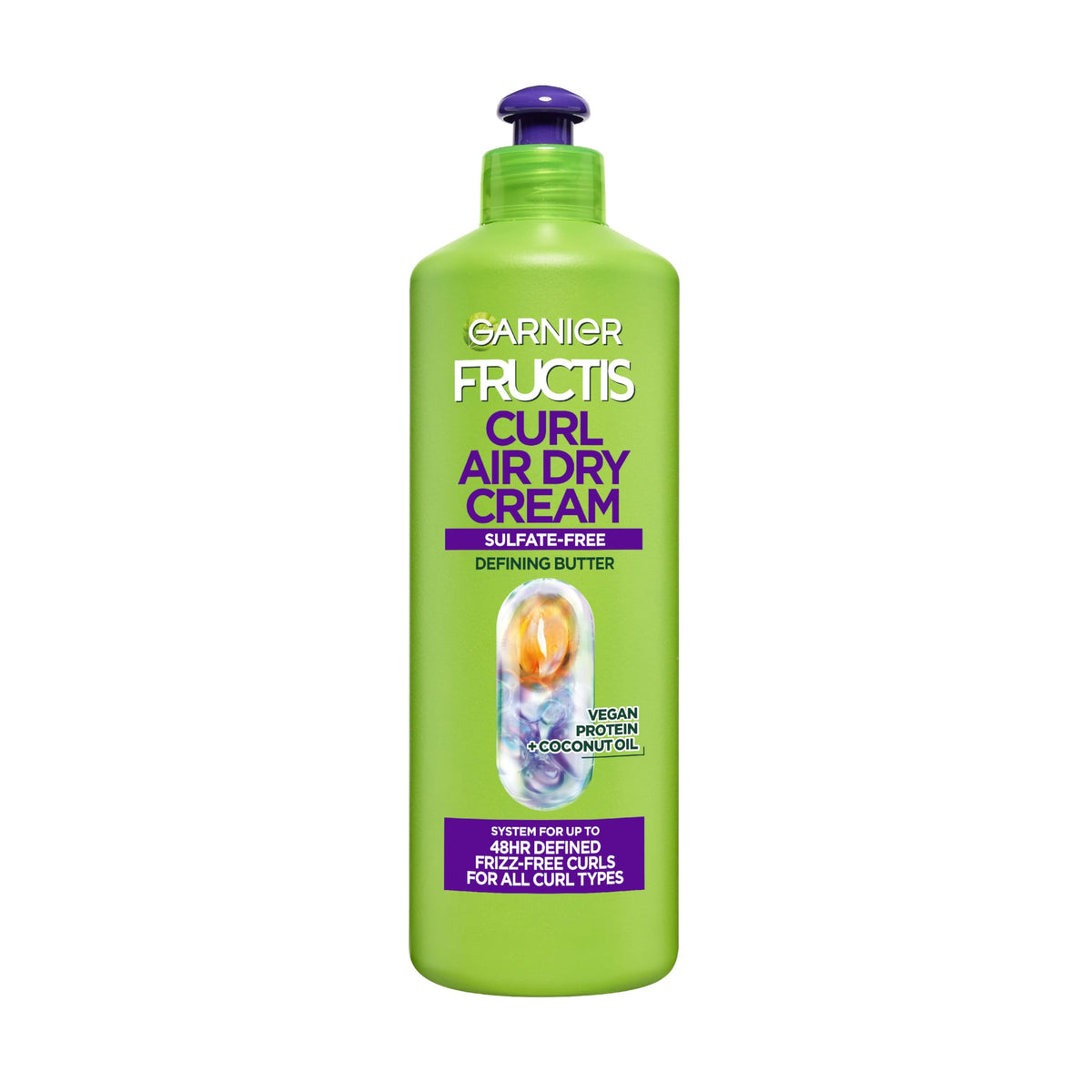 Garnier Fructis front packaging showing XL 16.9 oz and curl claims